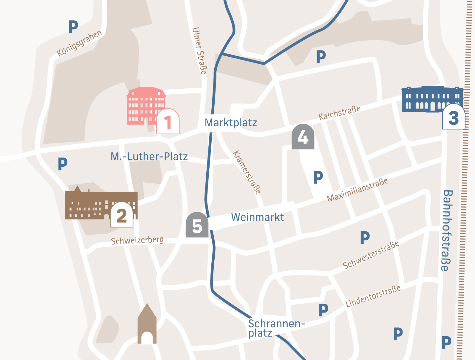 Ein gezeichneter Lageplan der Innenstadt Memmingens mit den wichtigsten Verkehrswegen und den Standorten der Museen.